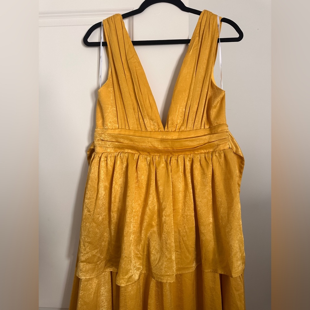 Lulu's Peak Party Vibe Mustard Yellow Satin Tiered Tie-Back Midi Dress - Picture 4 of 5